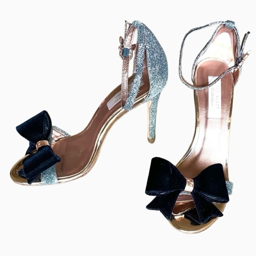 Ted Baker Bowdalo Silver Glitter Heels Black Velvet Bow Ankle Strap EU 37.5 US 7 - Picture 6 of 12